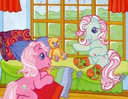 Size: 403x315 | Tagged: safe, derpibooru import, official, minty, pinkie pie, pinkie pie (g3), pony, g3, bed, clothes, cute, diapinkes, g3 diapinkes, happy, hug, image, jpeg, listening, mintabetes, mushroom, oh minty minty minty, on bed, pillow, pillow hug, plushie, rain, sitting, sitting on bed, socks, talking, teddy bear, that pony sure does love socks, window