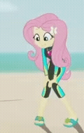 Size: 120x190 | Tagged: safe, derpibooru import, fluttershy, human, aww... baby turtles, equestria girls, equestria girls series, animated, beach, clothes, cropped, female, gif, image, solo focus, swimsuit, time-lapse