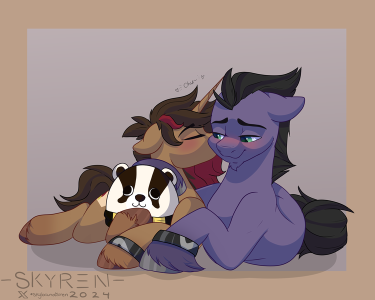 Size: 2500x2000 | Tagged: safe, artist:skyboundsiren, derpibooru import, oc, oc:dreamheart, oc:screaming heart, earth pony, unicorn, blushing, couple, cuddling, female, floppy ears, harry potter (series), horn, hufflepuff, image, jewelry, kiss on the cheek, kissing, male, plushie, png, ring, unshorn fetlocks, wedding ring