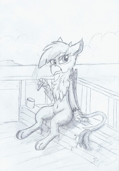 Size: 4746x6799 | Tagged: safe, artist:pzkratzer, derpibooru import, gilda, semi-anthro, belly button, eared griffon, image, jpeg, ocean, pencil drawing, sitting, sketch, smoking, solo, traditional art, water