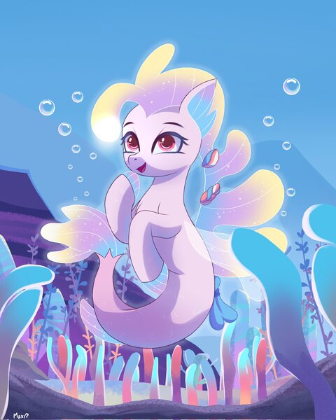 Size: 1638x2048 | Tagged: safe, artist:maxi_ponie, derpibooru import, seapony (g4), g5, my little pony: tell your tale, spoiler:g5, spoiler:my little pony: tell your tale, spoiler:tyts02e00, destiny (g5), female, image, jpeg, seaweed, solo, the blockywockys, underwater, water