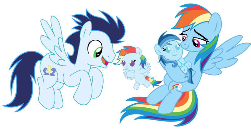 Size: 3812x1966 | Tagged: safe, derpibooru import, rainbow dash, soarin', oc, oc:ragtag, oc:shooting star, pegasus, pony, baby, baby pony, female, filly, foal, image, male, mare, offspring, parent:rainbow dash, parent:soarin', parents:soarindash, png, shipping, siblings, simple background, soarindash, stallion, straight, transparent background, twins