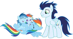 Size: 3812x2049 | Tagged: safe, derpibooru import, rainbow dash, soarin', oc, oc:ragtag, oc:shooting star, pegasus, pony, baby, baby pony, female, filly, foal, image, male, mare, offspring, parent:rainbow dash, parent:soarin', parents:soarindash, png, shipping, siblings, simple background, soarindash, stallion, straight, transparent background, twins