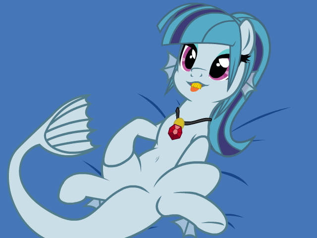 Size: 640x480 | Tagged: questionable, artist:shelikof launch, derpibooru import, sonata dusk, hybrid, pony, siren, :p, animated, belly button, cute, derpibooru exclusive, female, g4, gif, image, lying down, mare, on back, simple background, smiling, solo, swallowing, tongue out, vore