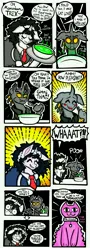 Size: 3000x8341 | Tagged: safe, artist:facadeart, derpibooru import, oc, oc:facade the witch, oc:trex vyrax, unofficial characters only, cat, changeling, pony, unicorn, comic:ponymaid, :3, blushing, dialogue, female, horn, image, jpeg, mare, yellow changeling