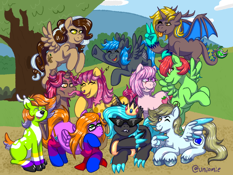 Size: 1024x768 | Tagged: safe, artist:uniomie, derpibooru import, oc, oc:aura star, oc:chickadee, oc:emmy pony, oc:eve rose, oc:ichi rose, oc:ribbun, oc:shell spin, oc:starflight, oc:zeke, unofficial characters only, image, png