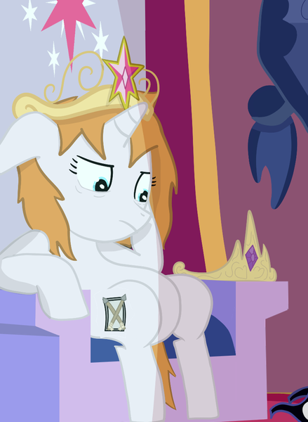 Size: 819x1120 | Tagged: safe, artist:minecake, derpibooru import, oc, oc:cake sparkle, bad end, banner, celestia's crown, crown, image, jewelry, png, regalia, sad, sitting, solo, throne room, tired, twilight's crown, twilight's throne