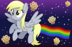 Size: 4581x3026 | Tagged: safe, artist:anime-equestria, derpibooru import, derpy hooves, pegasus, pony, :3, cute, female, food, g4, image, mare, muffin, nyan cat, png, rainbow, smiling, solo, space, sparkly eyes, wingding eyes, wings