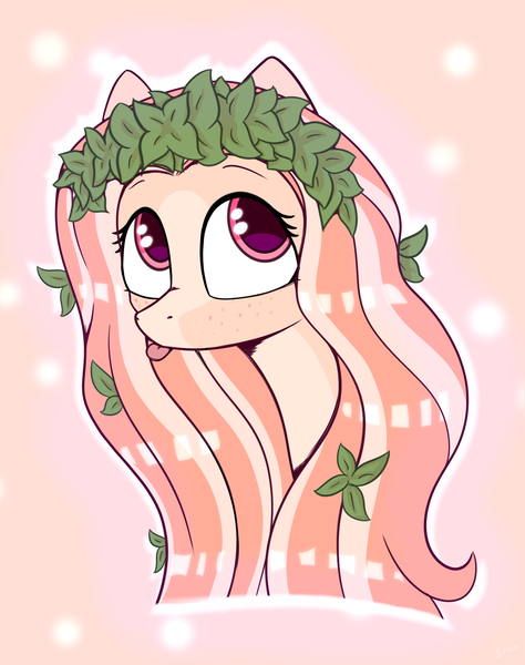 Size: 1648x2085 | Tagged: safe, artist:3naa, derpibooru import, oc, oc:ichordrop, unofficial characters only, pony, :p, bust, freckles, garland, image, leaf, leaves, leaves in hair, long hair, markings, png, solo, tongue out