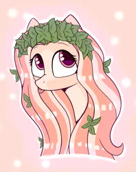 Size: 1648x2085 | Tagged: safe, artist:3naa, derpibooru import, oc, oc:ichordrop, unofficial characters only, pony, :p, bust, freckles, garland, image, leaf, leaves, leaves in hair, long hair, markings, png, solo, tongue out