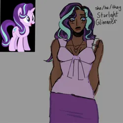 Size: 2048x2048 | Tagged: safe, artist:princezzzom, derpibooru import, starlight glimmer, human, pony, unicorn, african american, blackwashing, blue eyes, clothes, dark skin, eyeshadow, g4, gray background, headcanon, horn, horned humanization, human coloration, humanized, image, jewelry, jpeg, looking at you, makeup, necklace, pants, reference sheet, shirt, simple background, tail, two toned hair, two toned mane, two toned tail, vector