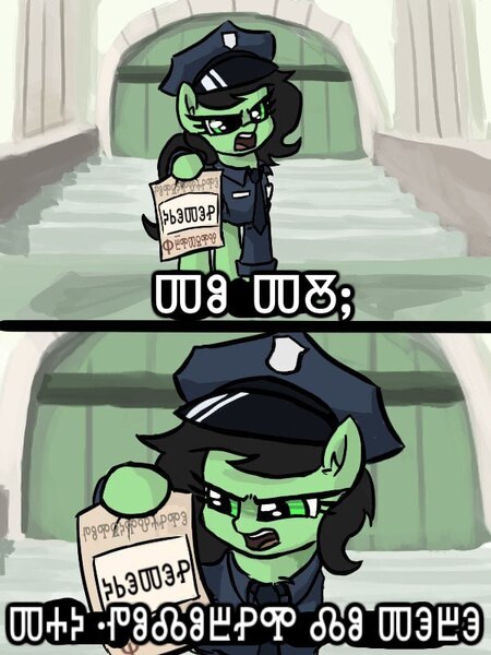 Size: 600x800 | Tagged: safe, derpibooru import, oc, oc:anonfilly, pony, clothes, female, filly, glagolitic, image, interslavic, jpeg, jusovitsa, meme, police uniform, translation