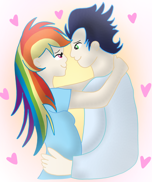 Size: 1865x2235 | Tagged: safe, derpibooru import, rainbow dash, soarin', human, female, humanized, image, looking at each other, looking at someone, male, png, romantic, shipping, smiling, smiling at each other, soarindash, straight