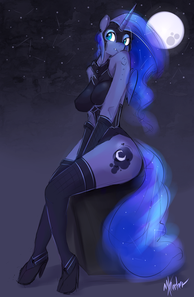 Size: 1400x2140 | Tagged: dead source, suggestive, alternate version, artist:mtcerber, derpibooru import, nightmare moon, princess luna, anthro, breasts, clothes, female, g4, gloves, helmet, high heels, image, night, night sky, png, shoes, sky, socks, solo, solo female, stockings, stupid sexy princess luna, thigh highs