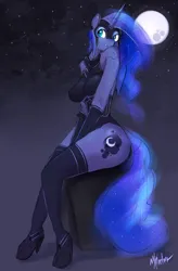 Size: 1400x2140 | Tagged: dead source, suggestive, alternate version, artist:mtcerber, derpibooru import, nightmare moon, princess luna, anthro, breasts, clothes, female, g4, gloves, helmet, high heels, image, night, night sky, png, shoes, sky, socks, solo, solo female, stockings, stupid sexy princess luna, thigh highs