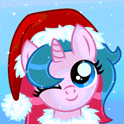 Size: 800x800 | Tagged: safe, artist:jennieoo, derpibooru import, oc, pony, unicorn, animated, avatar, female, filly, foal, gif, horn, icon, image, one eye closed, show accurate, smiling, snow, snowfall, solo, wink