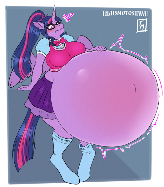 Size: 3500x4000 | Tagged: suggestive, artist:thaismotosuwa, derpibooru import, sci-twi, twilight sparkle, twilight sparkle (alicorn), alicorn, anthro, unguligrade anthro, abdominal bulge, alicornified, belly, belly expansion, belly inflation, big belly, bowtie, breasts, busty sci-twi, busty twilight sparkle, clothes, emanata, female, g4, glasses, growth, huge belly, hyper, hyper belly, image, impossibly large belly, png, ponytail, race swap, sci-twilicorn, skirt, socks, solo, solo female