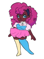 Size: 897x1214 | Tagged: safe, artist:kreeeeeez, artist:kryzies, derpibooru import, pinkie pie, human, african american, blue eyes, boots, clothes, curly hair, dark skin, dress, eyelashes, female, g4, headband, human coloration, humanized, image, jpeg, miniskirt, ms paint, pink hair, shoes, simple background, skirt, solo, thigh boots, tutu, white background