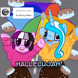 Size: 800x800 | Tagged: safe, artist:thedragenda, derpibooru import, oc, oc:aurora (thedragenda), unofficial characters only, earth pony, pony, unicorn, ask-acepony, cake, clothes, female, food, horn, image, mare, png, shirt, skirt, umbrella