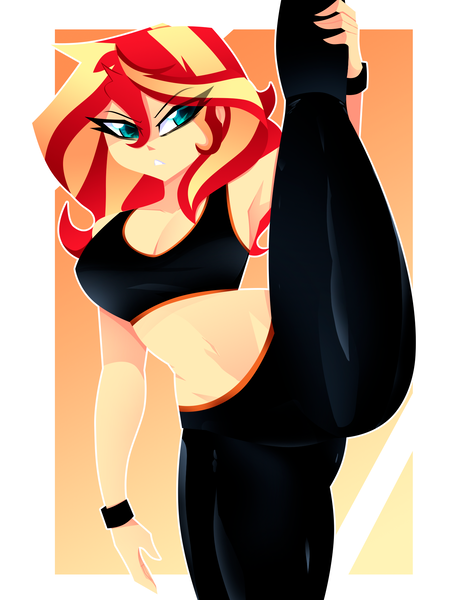 Size: 1500x2000 | Tagged: suggestive, artist:xan-gelx, derpibooru import, sunset shimmer, human, equestria girls, abstract background, annoyed, belly button, breasts, busty sunset shimmer, clothes, eye clipping through hair, female, g4, image, pants, png, raised leg, serious, serious face, sexy, solo, solo female, splits, sports bra, standing, standing splits, stupid sexy sunset shimmer, workout, wristband, yoga, yoga pants