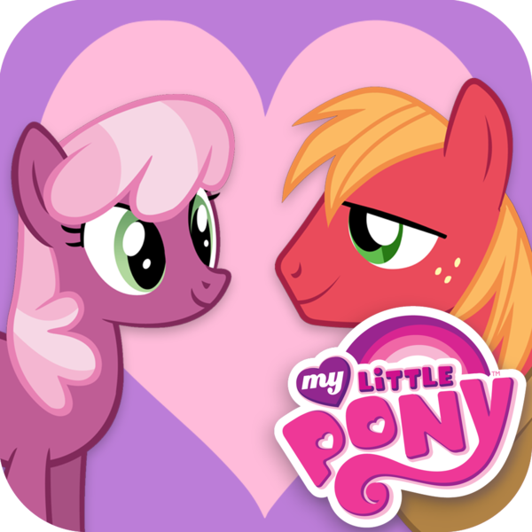 Size: 1024x1024 | Tagged: safe, derpibooru import, big macintosh, cheerilee, earth pony, pony, app icon, big macintosh's yoke, duo, duo male and female, female, freckles, g4, heart, heart background, hearts and hooves day, horse collar, image, looking at each other, looking at someone, male, mare, my little pony logo, my little pony: hearts and hooves day, playdate digital, png, ship:cheerimac, shipping, smiling, stallion, straight, yoke
