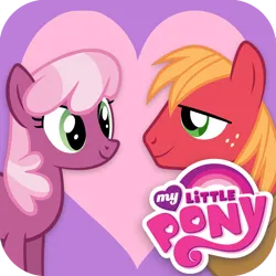 Size: 1024x1024 | Tagged: safe, derpibooru import, big macintosh, cheerilee, earth pony, pony, app icon, big macintosh's yoke, duo, duo male and female, female, freckles, g4, heart, heart background, hearts and hooves day, horse collar, image, looking at each other, looking at someone, male, mare, my little pony logo, my little pony: hearts and hooves day, playdate digital, png, ship:cheerimac, shipping, smiling, stallion, straight, yoke