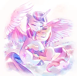 Size: 1460x1440 | Tagged: safe, artist:frank3dz, derpibooru import, sunny starscout, twilight sparkle, alicorn, earth pony, pony, g5, cloud, crying, g4, hug, image, png