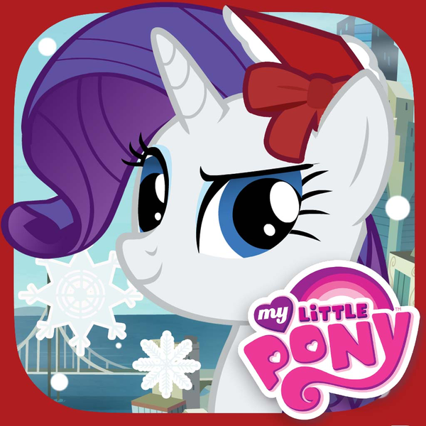 Size: 1024x1024 | Tagged: safe, derpibooru import, rarity, pony, unicorn, rarity takes manehattan, app icon, bridge, crystaller building, eyebrows, female, g4, horn, image, looking at you, manehattan, mare, my little pony logo, my little pony: rarity takes manehattan, playdate digital, png, raised eyebrow, smiling, snow, snowflake, solo, storybook app