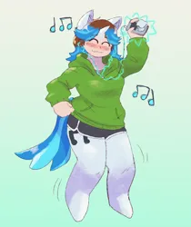 Size: 1344x1597 | Tagged: safe, artist:dondedun, derpibooru import, vinyl scratch, anthro, human, unguligrade anthro, unicorn, blushing, clothes, earbuds, eyes closed, female, gradient background, hoodie, horn, human to anthro, image, ipod, magic, music notes, png, shorts, smiling, transformation