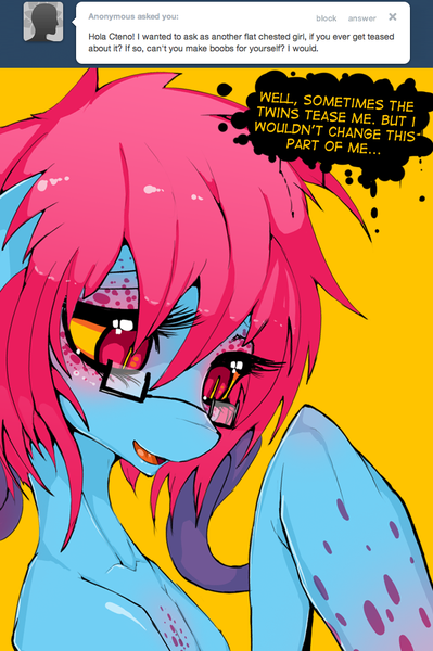 Size: 700x1052 | Tagged: safe, artist:slugbox, derpibooru import, oc, oc:cteno, unofficial characters only, ask cteno, breasts, delicious flat chest, female, glasses, image, png, simple background, solo, solo female, yellow background