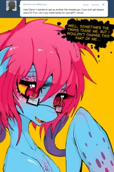 Size: 700x1052 | Tagged: safe, artist:slugbox, derpibooru import, oc, oc:cteno, unofficial characters only, ask cteno, breasts, delicious flat chest, female, glasses, image, png, simple background, solo, solo female, yellow background