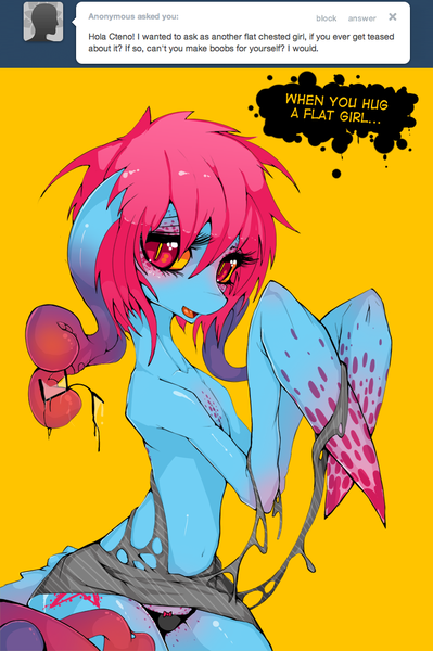 Size: 700x1052 | Tagged: safe, artist:slugbox, derpibooru import, oc, oc:cteno, unofficial characters only, ask cteno, breasts, delicious flat chest, female, glasses, image, png, simple background, solo, solo female, yellow background