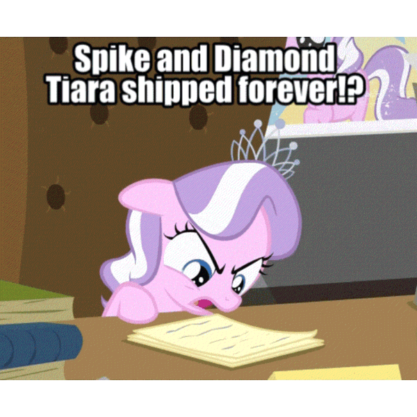 Size: 855x855 | Tagged: safe, edit, edited screencap, editor:undeadponysoldier, ponerpics import, ponybooru import, screencap, diamond tiara, earth pony, pony, ponyville confidential, cute, desk, diamondbetes, female, filly, foal, gabby gums, gif, happy, image, implied shipping, implied spike, implied spiketiara, implied straight, jewelry, meme, reading, shipping accepted, skeptical, text, tiara