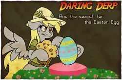 Size: 1107x722 | Tagged: safe, artist:outofworkderpy, derpibooru import, derpy hooves, pegasus, pony, daring do costume, easter, easter egg, food, g4, hat, holiday, image, indiana jones, muffin, pith helmet, png, solo, spread wings, text, wings