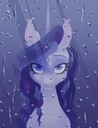 Size: 2000x2600 | Tagged: safe, artist:bishopony, derpibooru import, rarity, pony, unicorn, bust, crying, ear fluff, female, g4, gradient background, high res, horn, image, jpeg, lidded eyes, looking at you, makeup, mare, rain, running makeup, signature, solo