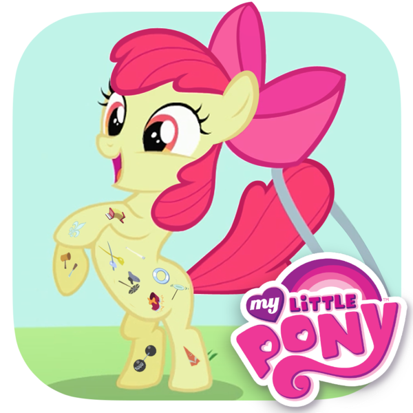 Size: 1024x1024 | Tagged: safe, derpibooru import, official, apple bloom, earth pony, pony, the cutie pox, app icon, apple bloom's bow, bow, cutie mark, cutie pox, female, filly, foal, g4, hair bow, image, loop-de-hoop, my little pony logo, my little pony: cutie pox, open mouth, open smile, outdoors, playdate digital, png, rearing, smiling, solo