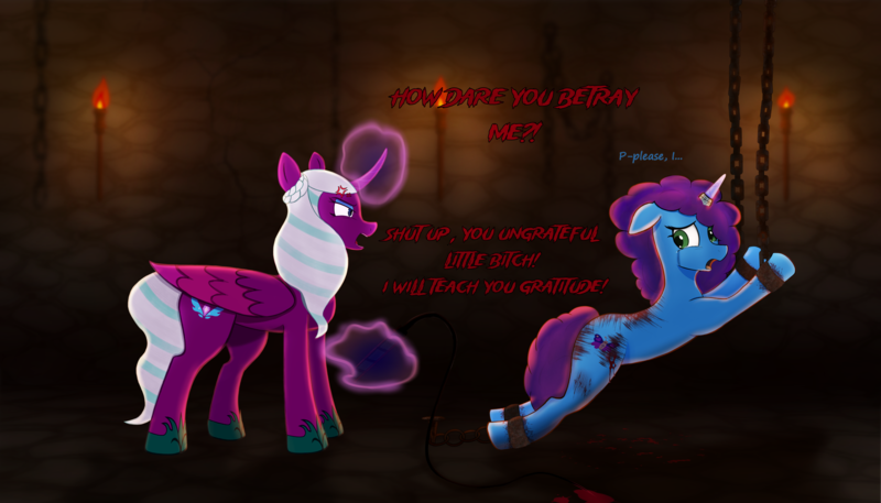 Size: 6608x3777 | Tagged: semi-grimdark, artist:adastra, derpibooru import, alicorn, pony, unicorn, g5, abuse, angry, ankle cuffs, bleeding, blood, bondage, chained, chains, commission, cross-popping veins, cruel, crying, cuffs, curved horn, cutie mark, dark room, dialogue, dungeon, duo, duo female, emanata, eyeshadow, fear, female, flank, floppy ears, folded wings, glow, glowing horn, hooves, horn, horn ring, image, indoors, jewelry, levitation, looking at someone, looking back, magic, magic aura, makeup, mare, misty brightdawn, mistybuse, opa bitch, opaline arcana, open mouth, pain, pleading, png, punishment, rebirth misty, restrained, restraints, ring, sad, scared, shackles, talking, tears of pain, telekinesis, torch, violence, wall of tags, whip, whip marks, whipping, wings, yelling