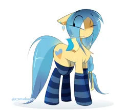 Size: 1181x1018 | Tagged: safe, artist:madragon, derpibooru import, oc, oc:ukraine, ponified, unofficial characters only, earth pony, pony, braid, chest fluff, clothes, cutie mark, derpibooru exclusive, ear piercing, eye clipping through hair, flag, floppy ears, image, nation ponies, one eye closed, one eye covered, piercing, png, signature, simple background, socks, solo, stockings, striped socks, thigh highs, ukraine, white background, wink