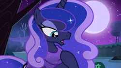 Size: 1920x1080 | Tagged: safe, artist:cstrawberrymilk, derpibooru import, princess luna, alicorn, pony, alternate hairstyle, clothes, ethereal mane, ethereal tail, female, g4, hoof on chest, horn, image, lidded eyes, mare, missing accessory, moon, night, night sky, open mouth, png, scarf, scene interpretation, show accurate, sky, solo, sparkly mane, sparkly tail, tail