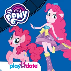Size: 1024x1024 | Tagged: safe, derpibooru import, official, pinkie pie, earth pony, human, pony, app icon, boots, clothes, dress, duo, duo female, eared humanization, female, g4, grin, human ponidox, humanized, image, looking at you, mare, my little pony logo, my little pony: story creator, open mouth, open smile, playdate digital, png, ponied up, raised leg, ribbon, self paradox, self ponidox, shoes, smiling, standing, standing on one leg, tail