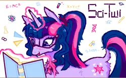 Size: 717x446 | Tagged: safe, artist:junniepiepoopop, artist:junnles, derpibooru import, sci-twi, twilight sparkle, ponified, pony, unicorn, equestria girls, animal jam, blush scribble, blushing, butt fluff, e=mc^2, ear fluff, emanata, equestria girls ponified, eyelashes, female, g4, glasses, glow, glowing horn, horn, image, leonine tail, looking at something, magic, mare, multicolored mane, multicolored tail, open mouth, open smile, pi, png, ponytail, purple coat, purple eyes, reading, ribbon, simple background, smiling, solo, tail, tail fluff, telekinesis, tied mane, unicorn horn, unicorn sci-twi, white background