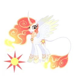 Size: 1640x1640 | Tagged: safe, artist:dreamscreep, derpibooru import, princess celestia, alicorn, pony, anklet, bracelet, cloven hooves, cutie mark, facial hair, feathered wings, female, fire, g4, goatee, horn, horn jewelry, image, jewelry, looking at you, mane of fire, mare, necklace, png, redesign, simple background, smiling, smiling at you, solo, spread wings, sun, tail, tail of fire, white background, wings