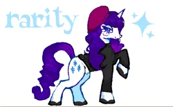 Size: 717x442 | Tagged: safe, derpibooru import, rarity, pony, unicorn, animal jam, artist, beatnik rarity, beauty mark, beret, blue eyes, blue text, clothes, colored hooves, countershading, curly mane, curly tail, eyeshadow, female, g4, hat, horn, image, lidded eyes, long mane, long tail, looking back, makeup, mare, png, profile, pubic fluff, purple mane, purple tail, raised hoof, ringlets, shiny mane, shiny tail, simple background, smiling, solo, sparkles, standing, sweater, tail, turtleneck, unicorn horn, white background, white coat, wingding eyes