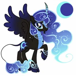 Size: 1640x1640 | Tagged: safe, artist:dreamscreep, derpibooru import, princess luna, alicorn, pony, anklet, black coat, bracelet, cloven hooves, cutie mark, facial hair, feathered wings, g4, goatee, horn, horn jewelry, image, jewelry, jpeg, moon, necklace, redesign, solo, wings
