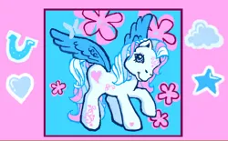 Size: 716x443 | Tagged: safe, artist:junniepiepoopop, artist:junnles, derpibooru import, star catcher, pegasus, pony, g3, animal jam, blue eyes, border, coat markings, colored wings, female, flower, heart, heart mark, image, long mane, long tail, mare, multicolored mane, multicolored tail, pink background, png, raised hoof, simple background, solo, spread wings, tail, toy interpretation, wavy mane, wavy tail, white coat, wingding eyes, wings