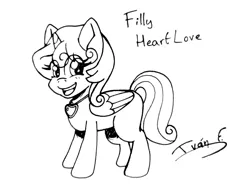 Size: 3240x2430 | Tagged: safe, artist:memprices, derpibooru import, oc, oc:heart love, oc:princess heart love, alicorn, pony, alicorn oc, eye clipping through hair, female, filly, foal, grayscale, heart necklace, horn, image, jewelry, looking at you, monochrome, necklace, open mouth, open smile, png, simple background, sketch, smiling, standing, white background, wings