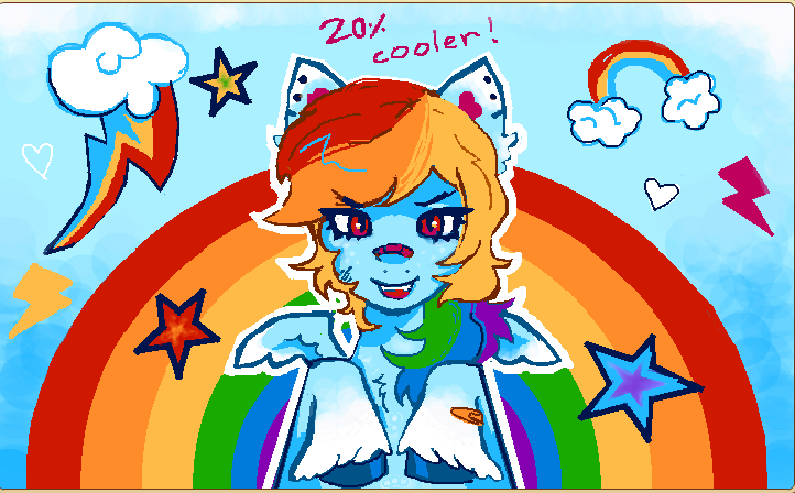 Size: 722x448 | Tagged: safe, artist:junniepiepoopop, artist:junnles, derpibooru import, rainbow dash, pony, 20% cooler, alternate design, alternate hairstyle, animal jam, bandaid, bandaid on nose, blue coat, chest fluff, coat markings, colored eartips, colored hooves, colored wings, colored wingtips, ear fluff, ear piercing, earring, eye clipping through hair, eyebrows, eyebrows visible through hair, eyelashes, female, freckles, g4, image, jewelry, long mane, mare, messy mane, multicolored hair, multicolored mane, narrowed eyes, open mouth, open smile, outline, piercing, pink eyes, pink text, png, rainbow hair, raised hoof, raised hooves, shiny hooves, sky background, small wings, smiling, socks (coat marking), solo, spread wings, text, twitterina design, two toned wings, unshorn fetlocks, wings