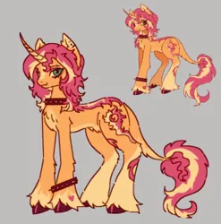Size: 432x438 | Tagged: safe, artist:junniepiepoopop, artist:junnles, derpibooru import, sunset shimmer, pony, unicorn, alternate design, bags under eyes, blaze (coat marking), bracelet, chest fluff, coat markings, collar, colored eartips, colored hooves, colored horn, curved horn, duality, ear fluff, ear piercing, earring, eyebrow piercing, eyelashes, facial markings, fangs, female, g4, gray background, green eyes, heart, heart mark, horn, image, jewelry, jpeg, leonine tail, long legs, long mane, long tail, lowres, mare, messy mane, messy tail, orange coat, piercing, pubic fluff, redesign, shiny hooves, simple background, smiling, socks (coat marking), solo, spiked collar, spiked wristband, standing, tail, twitterina design, two toned mane, two toned tail, unshorn fetlocks, wristband
