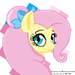 Size: 3042x3042 | Tagged: safe, artist:enterusxrname, artist:wojtek-ツ, derpibooru import, fluttershy, pegasus, pony, bow, bust, g4, hair bow, hair bun, image, looking at you, looking back, looking back at you, pixel art, png, redraw, simple background, smiling, solo