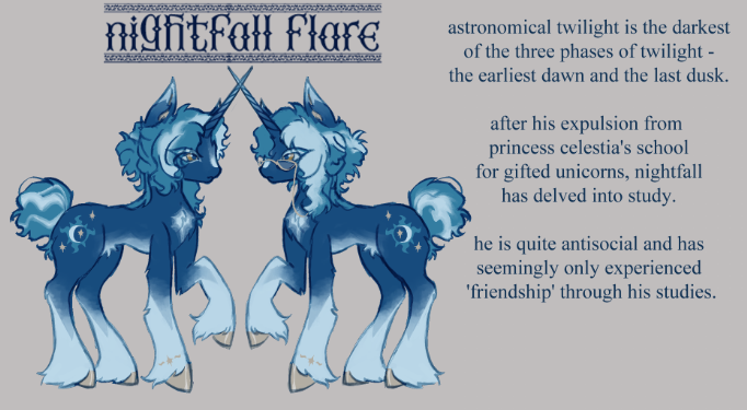 Size: 682x375 | Tagged: safe, artist:junniepiepoopop, artist:junnles, derpibooru import, oc, oc:nightfall flare, unofficial characters only, pony, unicorn, big ears, blue coat, blue mane, blue tail, blue text, butt fluff, chest fluff, coat markings, colored belly, colored eartips, colored hooves, colored horn, colored pinnae, curly mane, curly tail, ear fluff, eye clipping through hair, eyeshadow, facial markings, fetlock tuft, frown, glasses, glasses chain, gray background, horn, image, lidded eyes, long horn, long mane, long mane male, makeup, male, messy mane, messy tail, pale belly, png, pubic fluff, raised hoof, reference sheet, short tail, simple background, snip (coat marking), socks (coat marking), solo, stallion, standing, tail, text, thick horn, two toned mane, two toned tail, unicorn horn, unicorn oc, yellow eyes